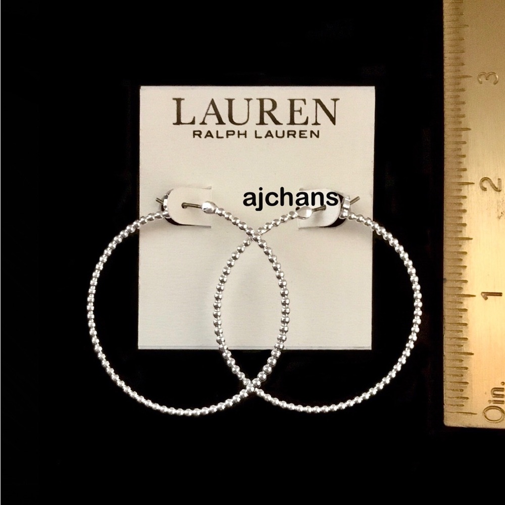 Lauren Ralph Lauren Silver Tone Medium Beaded Hoop Earrings - Picture 3 of 3